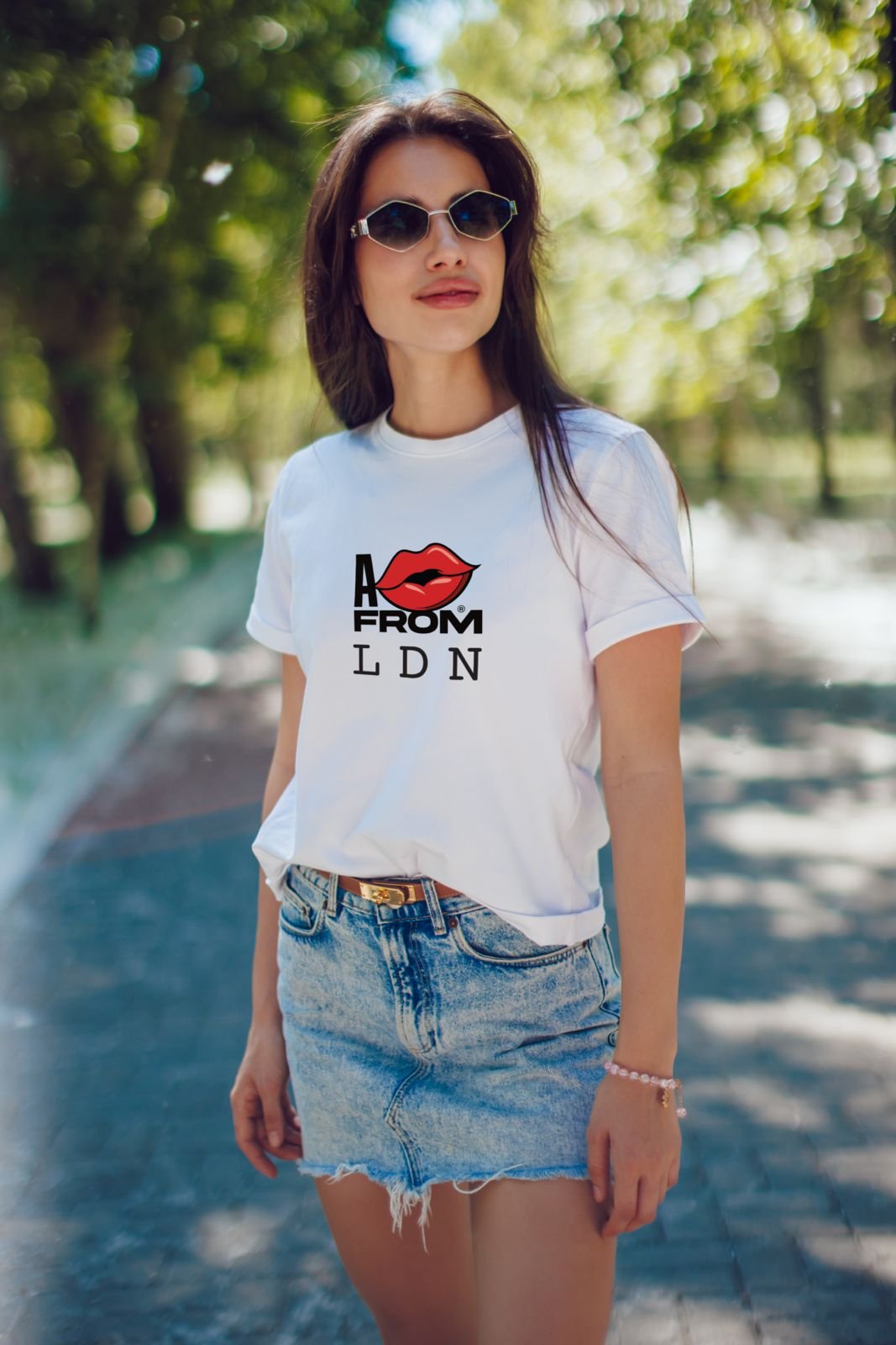 Woman in branded t-shirt